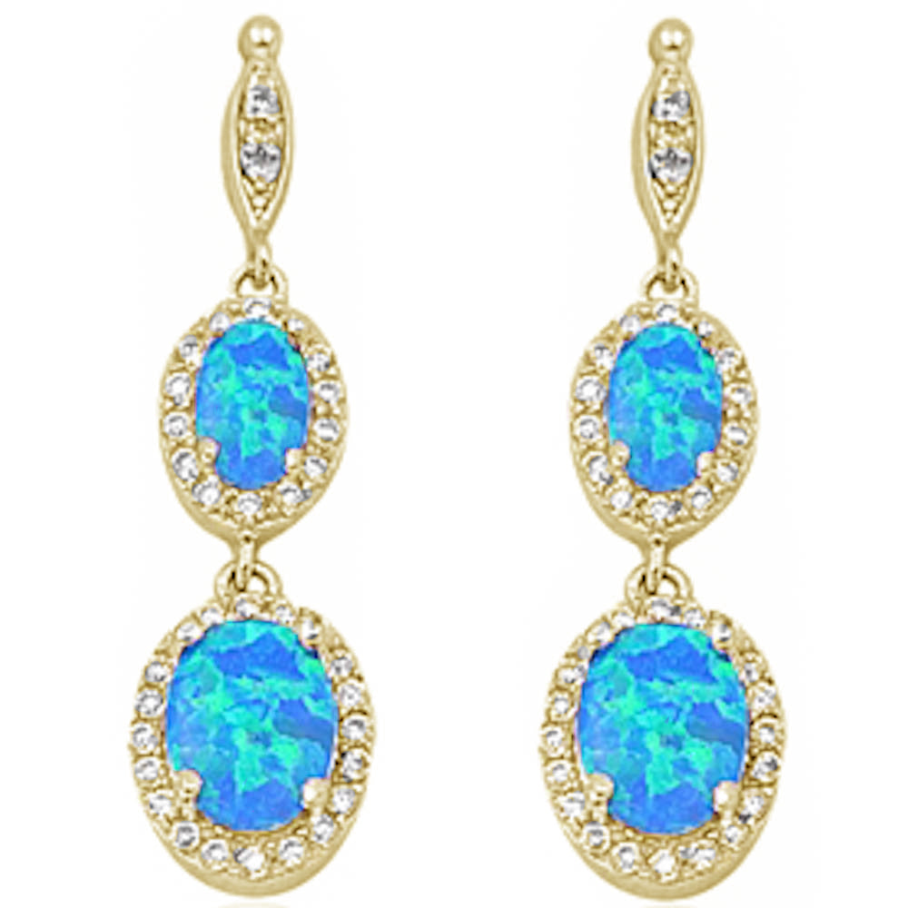 Yellow Gold Plated Blue Opal & Cz .925 Sterling Silver Dangle Earrings