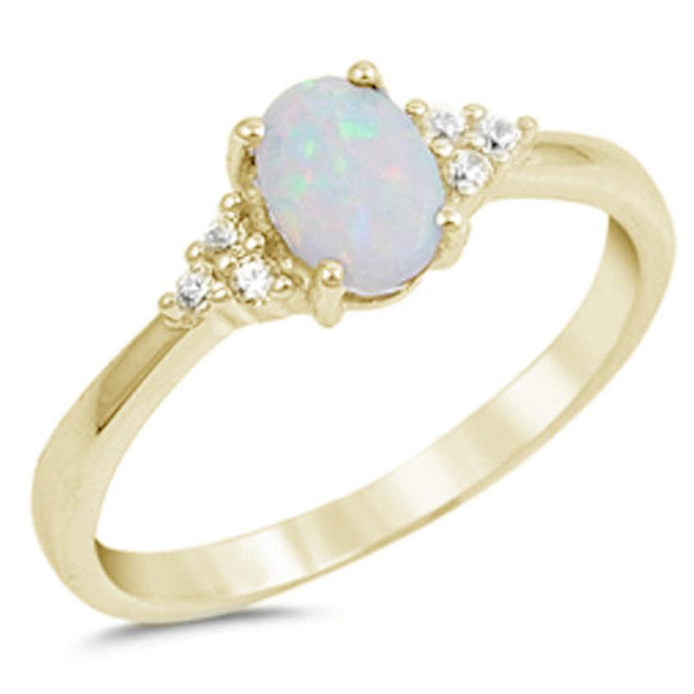 Yellow Gold Plated Oval White Opal & Round Cz .925 Sterling Silver Ring