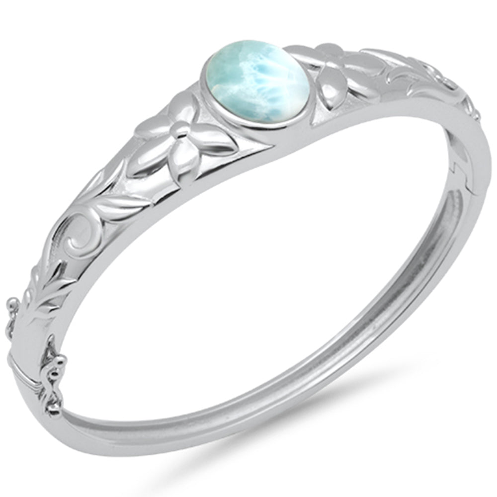 Evilo Oval Natural Larimar Flower Engraved .925 Sterling Silver Bangle Bracelet