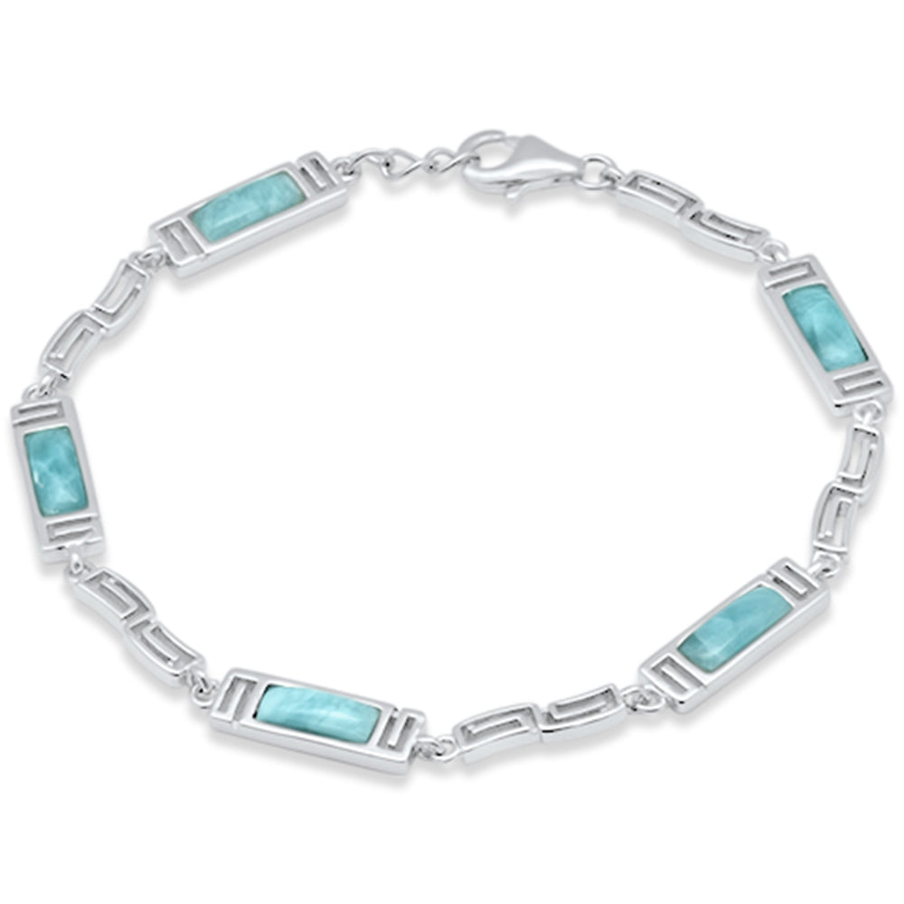 Rectangle Natural Larimar Greek Design .925 Sterling Silver Bracelet 7.5" Adjustable