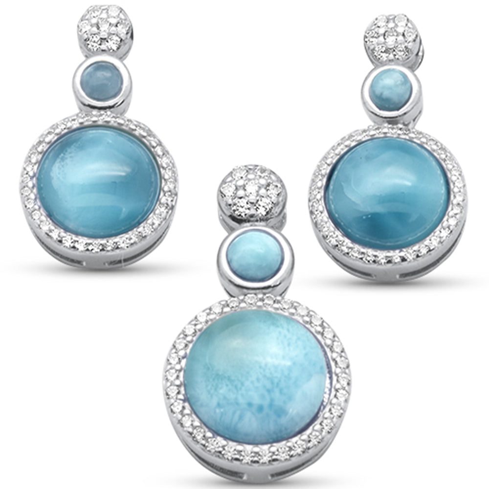 Evilo Round Natural Larimar & Cz Earring & Pendant .925 Sterling Silver Set