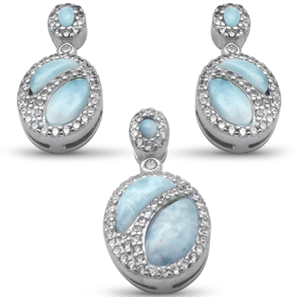Evilo Natural Larimar & CZ .925 Sterling Silver Earring & Pendant Set