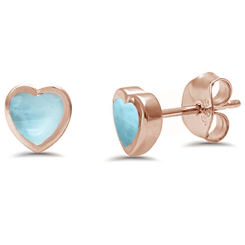Evilo Rose Gold Plated Heart shape Natural Larimar Stud .925 Sterling Silver Earrings