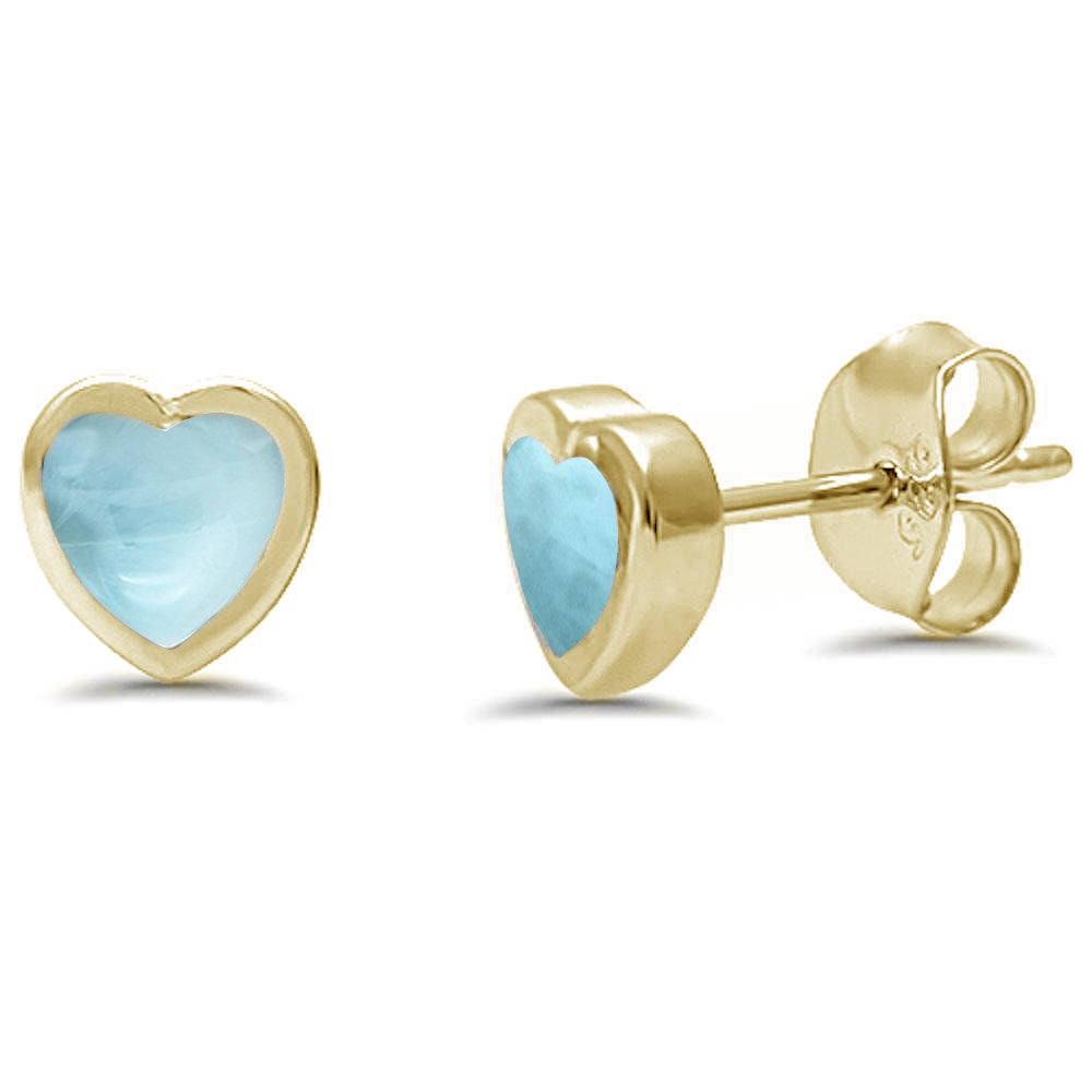 Evilo Yellow Gold Plated Heart shape Natural Larimar Stud .925 Sterling Silver Earrings