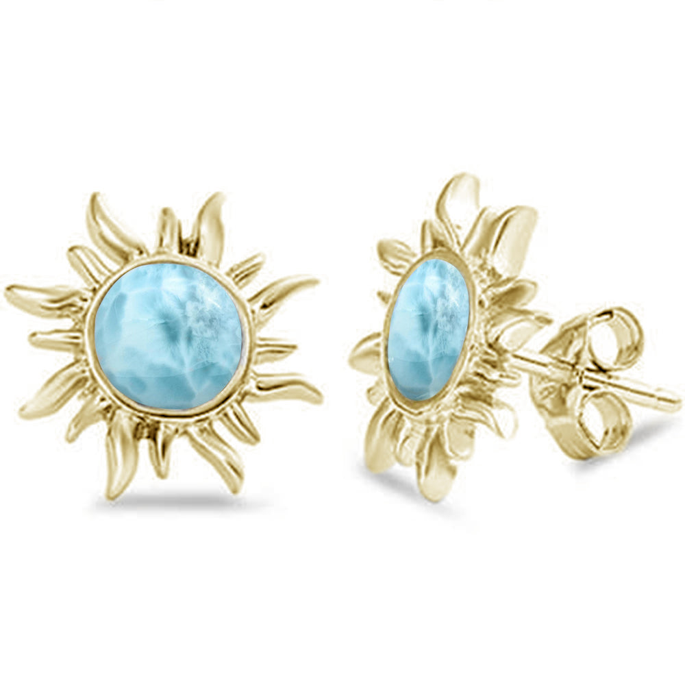 Evilo Yellow Gold Plated Natural Larimar Sun .925 Sterling Silver Earrings
