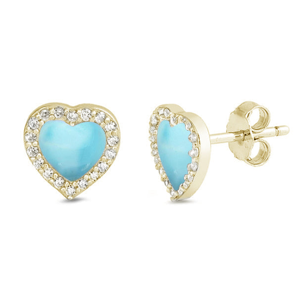 Evilo Yellow Gold Plated Natural Larimar & Cz Heart Stud .925 Sterling Silver Earrings