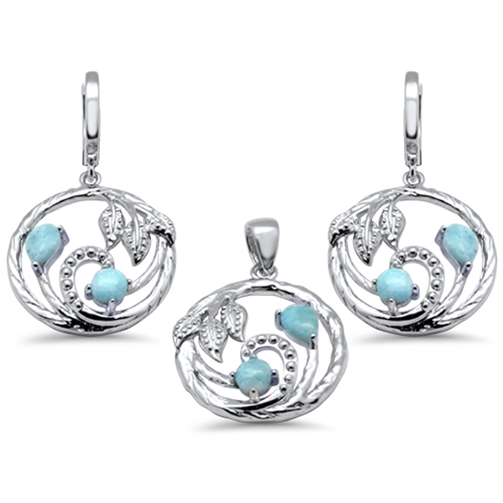 Evilo Natural Larimar Vine & Leaf Design .925 Sterling Silver Pendant & Earrings Set