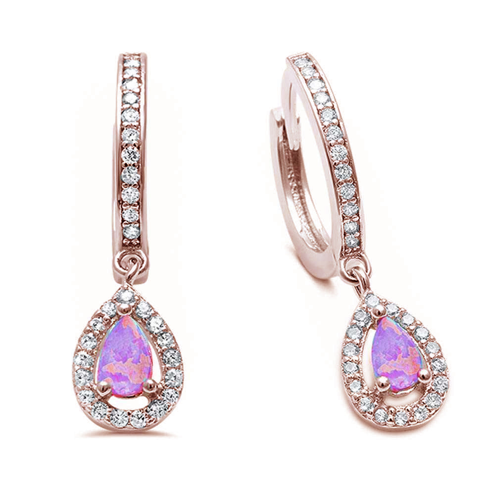 Evilo Pink Opal & Cz Hoop Dangle Rose Gold Plated .925 Sterling Silver Earrings