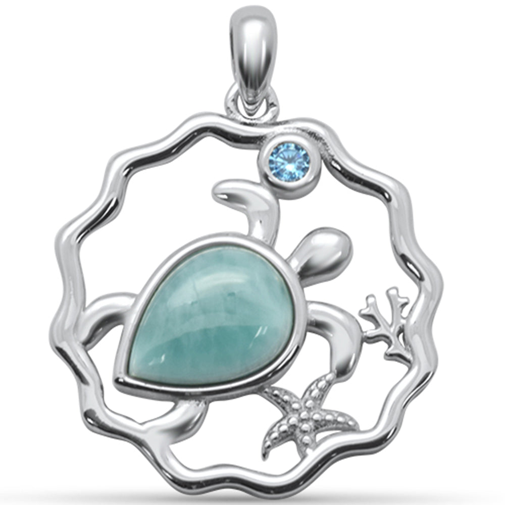 Pear Shaped Natural Larimar Turtle & Aquamarine CZ .925 Steling Silver Pendant
