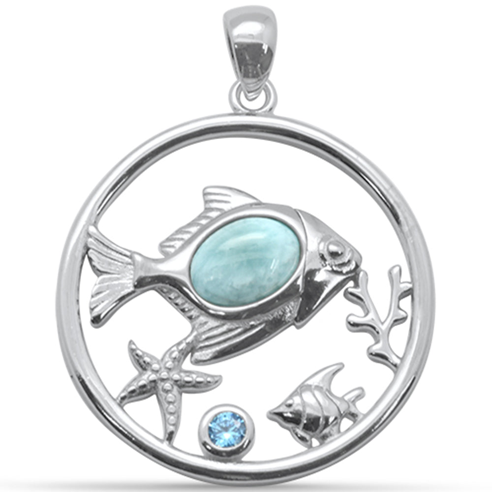 Oval Shaped Natural Larimar Fish & Aquamarine CZ .925 Steling Silver Pendant
