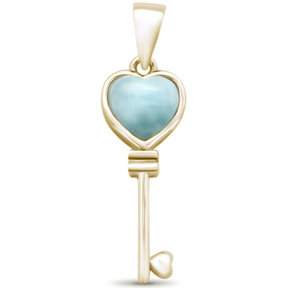 Evilo Yellow Gold Plated Natural Larimar Heart Key .925 Sterling Silver Pendant