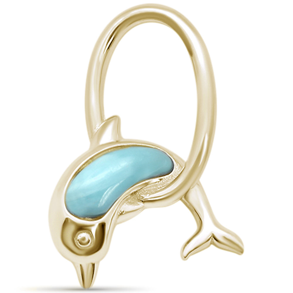 Evilo Yellow Gold Plated Natural Larimar Dolphin Jumping Hoops .925 Sterling Silver Charm Pendant