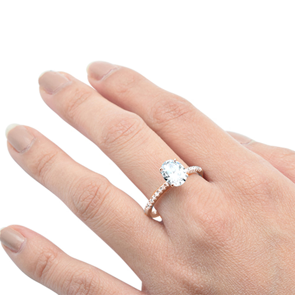 Evilo 2.00ct 9x7mm Rose Gold Plated Oval & Round Cubic Zirconia .925 Sterling Silver Solitaire Engagement Ring Sizes 4-9