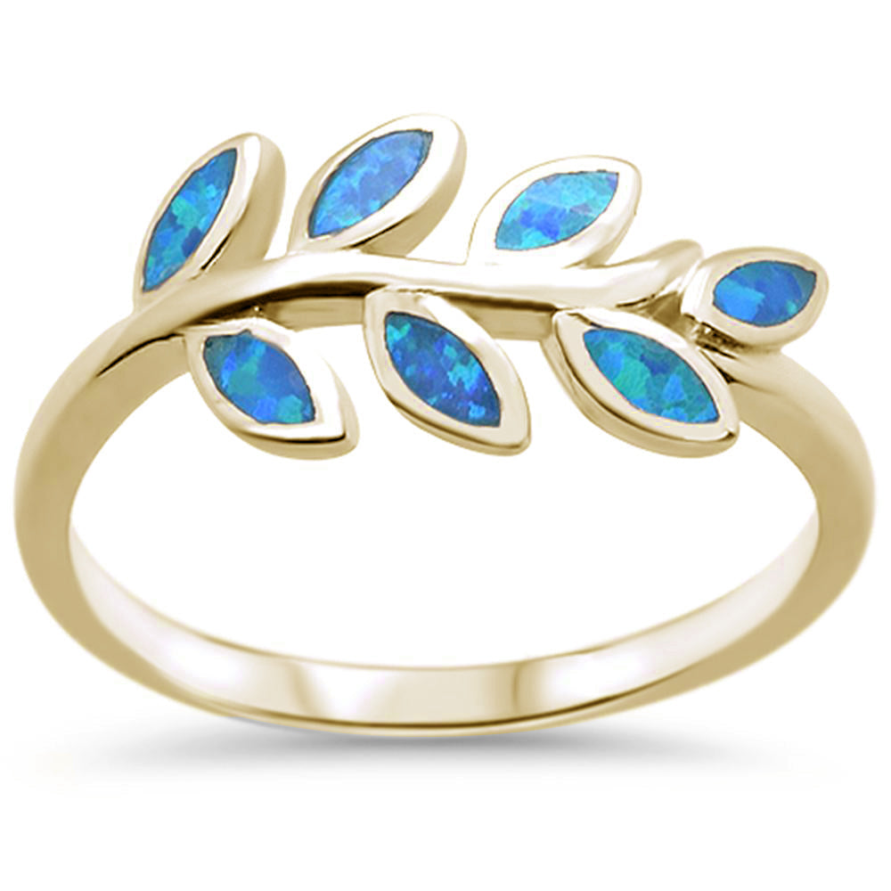 Yellow Gold Plated Blue Opal Leaf Design .925 Sterling Silver Ring Sizes 5-10