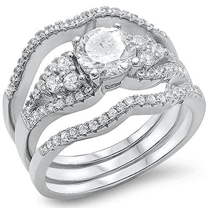 <span>CLOSEOUT! </span> 1.50ct Round Cz 3 Rings Wedding Set .925 Sterling Silver Ring