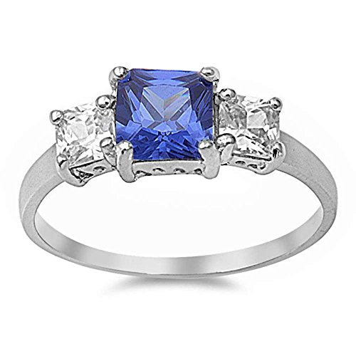 Evilo CLOSEOUT!  Princess Cut Simulated Tanzanite & Cubic Zirconia .925 Sterling Silver Ring