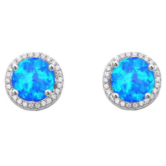 Halo Blue Opal & Cubic Zirconia .925 Sterling Silver Earrings