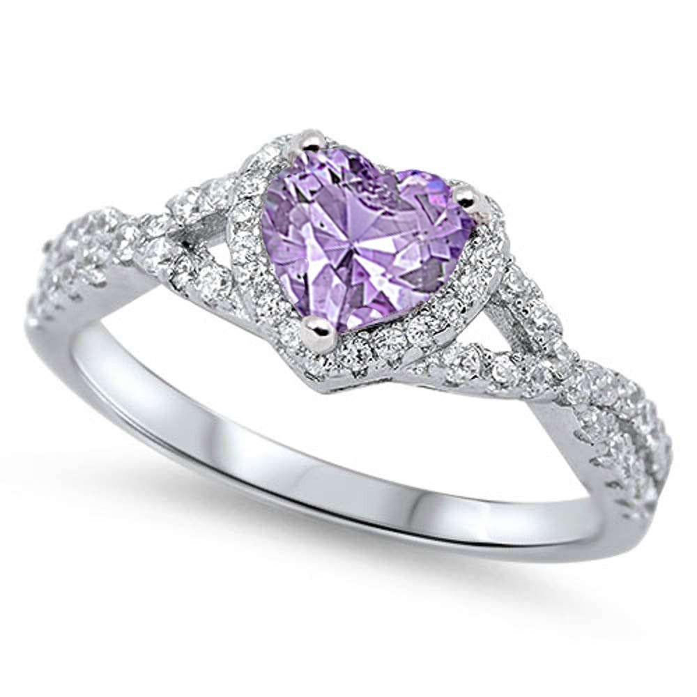Evilo Lavender & CZ Heart Promise Ring .925 Sterling Silver Ring