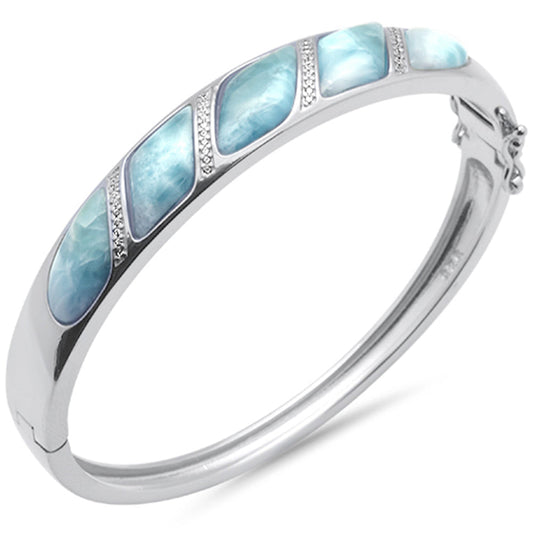 Natural Larimar & CZ .925 Sterling Silver Bangle Bracelet