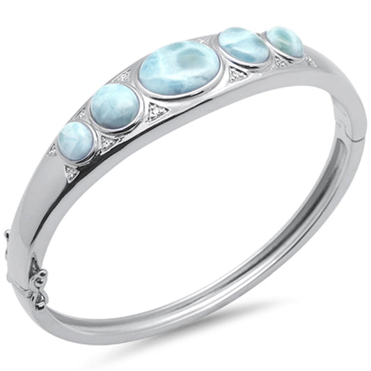 Oval Natural Larimar & CZ .925 Sterling Silver Bangle Bracelet