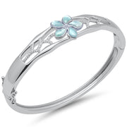 Evilo Leaf & Flower Natural Larimar & CZ .925 Sterling Silver Bangle Bracelet