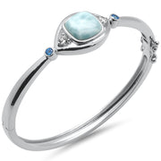 Evilo Cushion Shaped Natural Larimar, Blue Topaz & CZ .925 Sterling Silver Bangle Bracelet