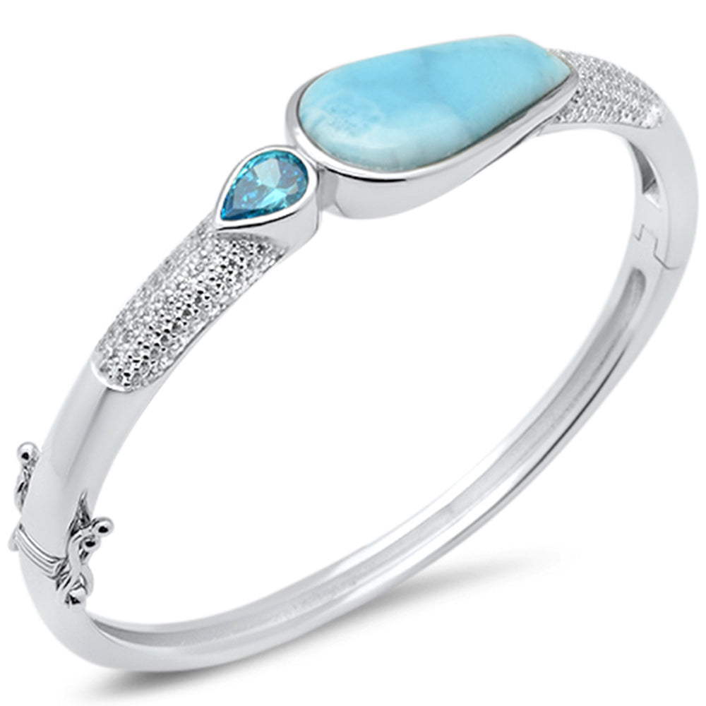 Natural Larimar, Blue Topaz & Cubic Zirconia .925 Sterling Silver Bangle Bracelet