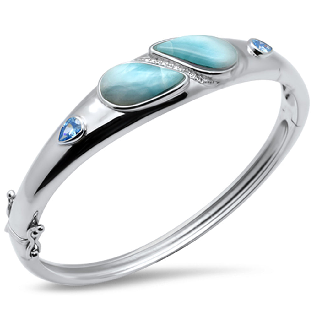 Evilo Pear Shaped Natural Larimar, Blue Topaz & CZ .925 Sterling Silver Bangle Bracelet