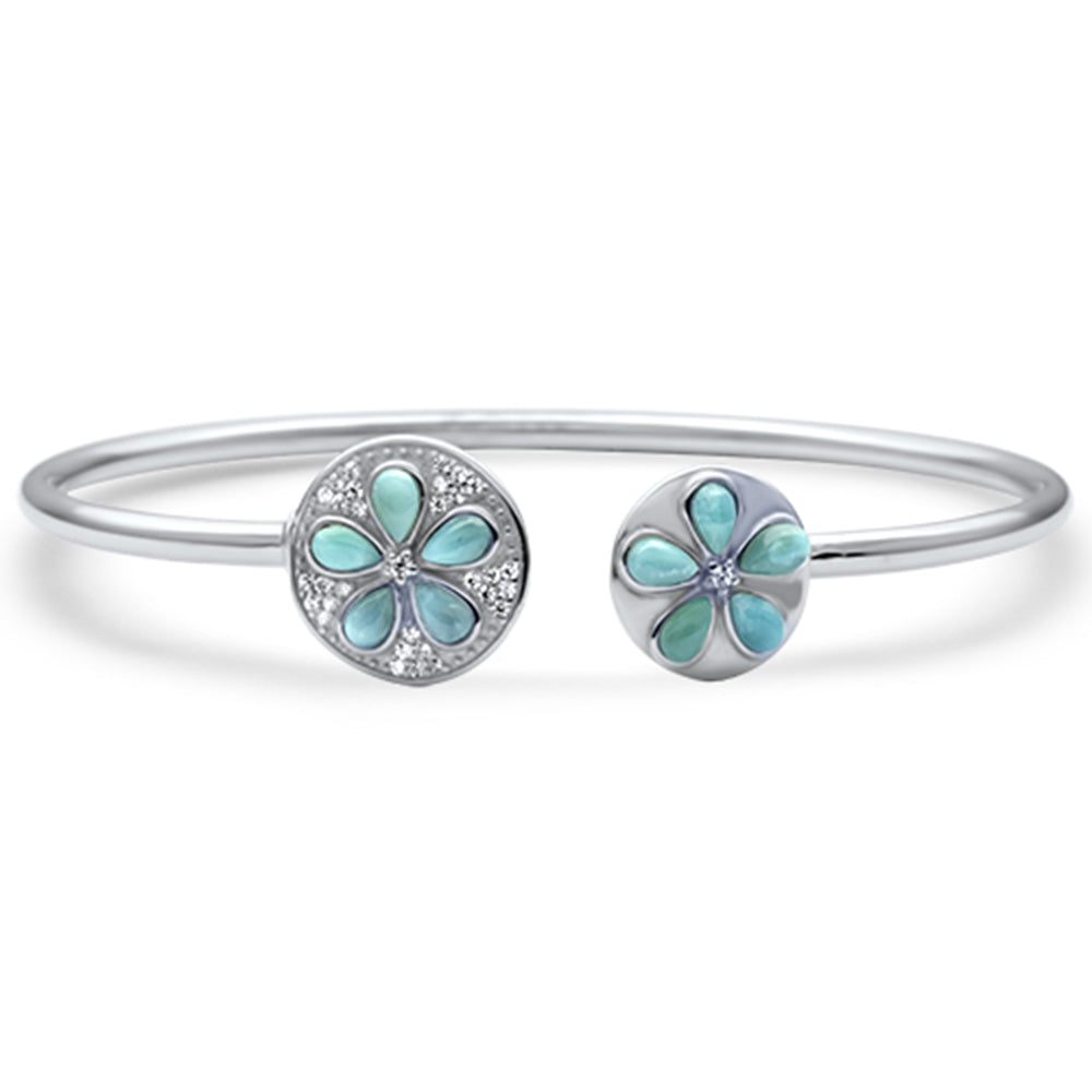 Evilo Plumeria Sand Coin Natural Larimar & CZ.925 Sterling Silver Cuff Bracelet