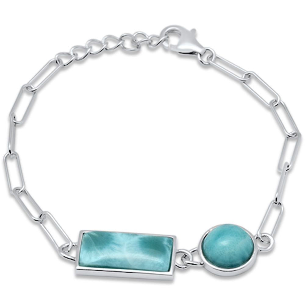 Evilo Round & Rectangle Natural Larimar .925 Sterling Silver Bracelet 6.5" + 1" Adjustable