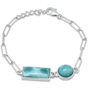 Evilo Round & Rectangle Natural Larimar .925 Sterling Silver Bracelet 6.5" + 1" Adjustable
