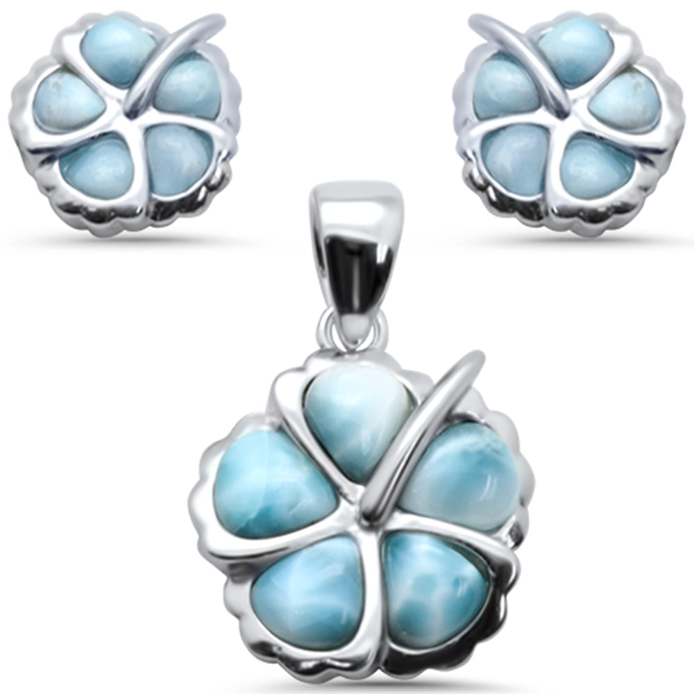 Evilo Plumeria Natural Larimar .925 Sterling Silver Earring & Pendant Set