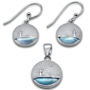 Evilo Natural Larimar Lighthouse Scenery .925 Sterling Silver Pendant & Earring Set