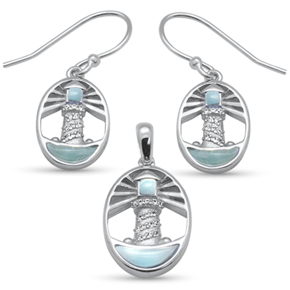 Evilo Shining Lighthouse Natural Larimar .925 Sterling Silver Earring & Pendant Set