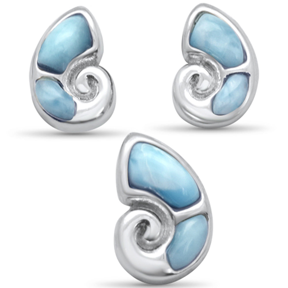 Evilo Natural Larimar Shell Earring & Pendant .925 Sterling Silver Set