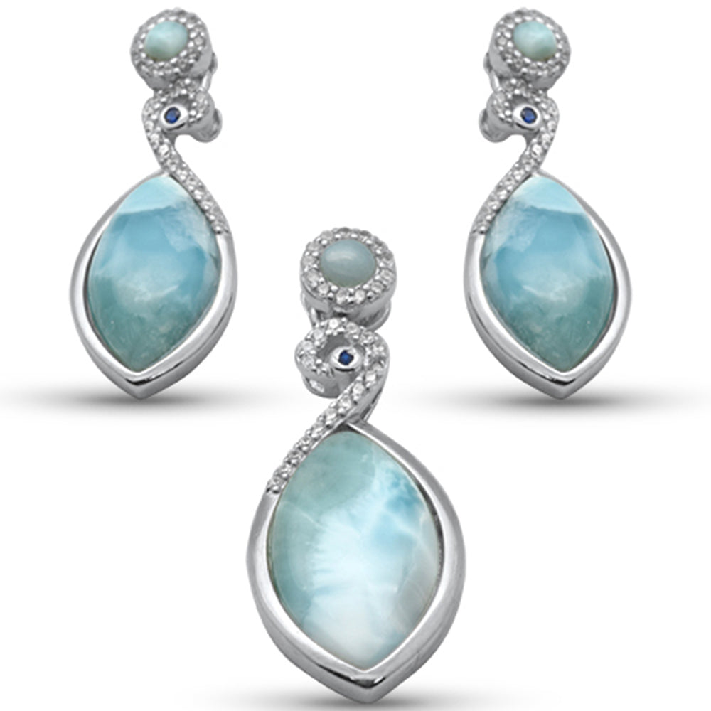 Evilo Natural Larimar, CZ & Blue Sapphire .925 Sterling Silver Earring & Pendant Set