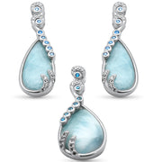 Evilo Pear Shaped Natural Larimar, Blue Topaz & CZ .925 Sterling Silver Earring & Pendant Set
