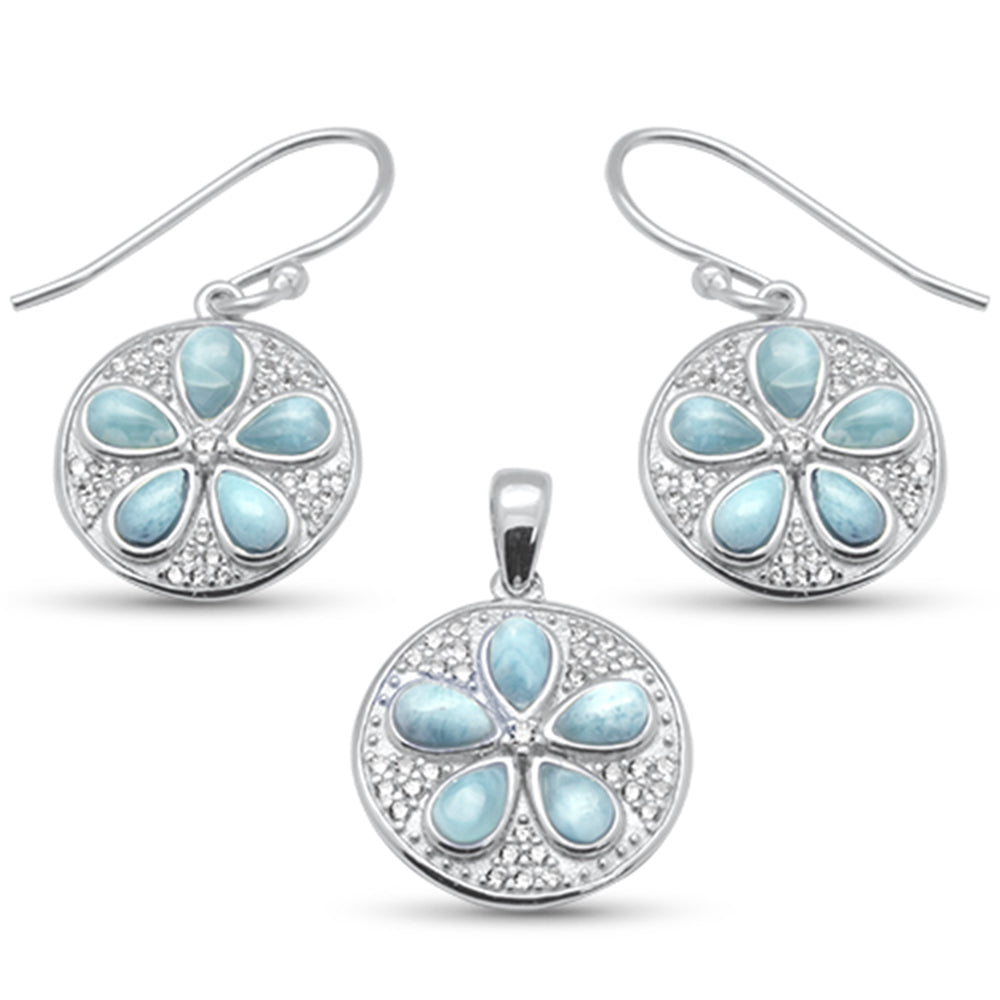 Evilo Sand Dollar Coin & Plumeria Natural Larimar .925 Sterling Silver Earring & Pendant Set