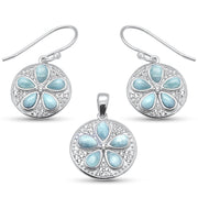 Evilo Sand Dollar Coin & Plumeria Natural Larimar .925 Sterling Silver Earring & Pendant Set