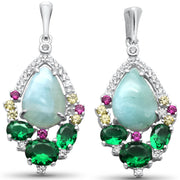 Evilo Pear Shaped Natural Larimar, Emerald, Multi Color & White CZ .925 Sterling Silver Earrings