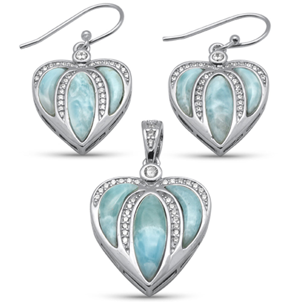 Evilo Heart Shaped Natural Larimar & CZ .925 Sterling Silver Earring & Pendant Set
