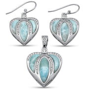 Evilo Heart Shaped Natural Larimar & CZ .925 Sterling Silver Earring & Pendant Set