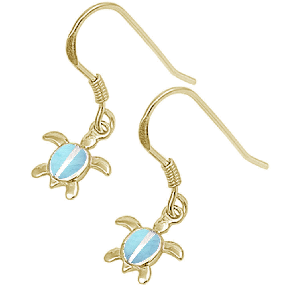 Evilo Yellow Gold Plated Natural Larimar Turtle .925 Sterling Silver Earrings