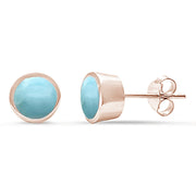 Evilo Rose Gold Plated Natural Larimar Bezel Stud .925 Sterling Silver Earrings