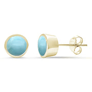 Evilo Yellow Gold Plated Natural Larimar Bezel Stud .925 Sterling Silver Earrings