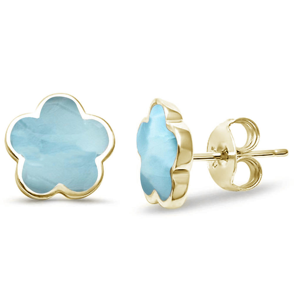 Evilo Yellow Gold Plated Natural Larimar Flower .925 Sterling Silver Earrings