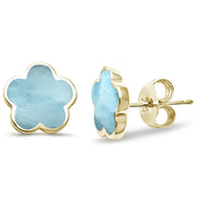 Evilo Yellow Gold Plated Natural Larimar Flower .925 Sterling Silver Earrings