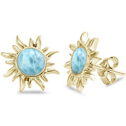 Evilo Yellow Gold Plated Natural Larimar Sun .925 Sterling Silver Earrings