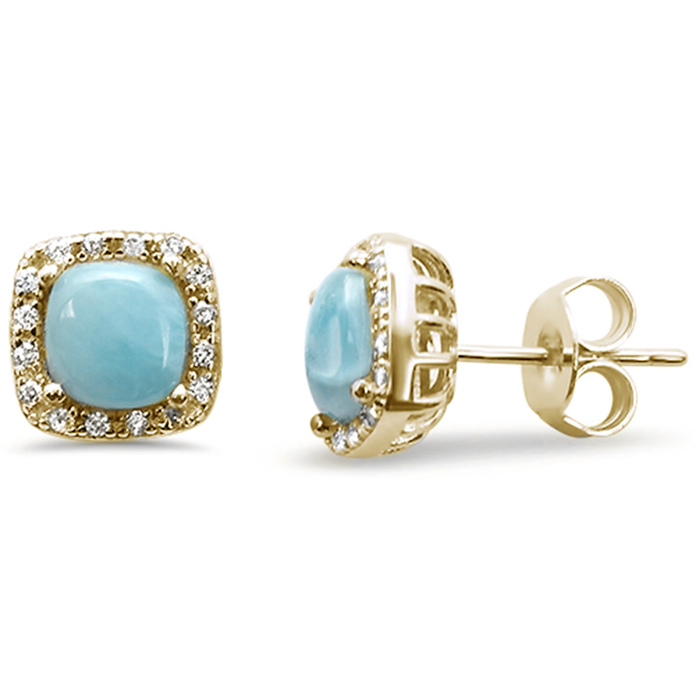Evilo Yellow Gold Plated Natural Larimar Cushion Shape .925 Sterling Silver Earrings