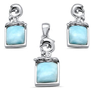 Evilo Radiant Cut Natural Larimar Dolphin .925 Sterling Silver Pendant & Earrings Set